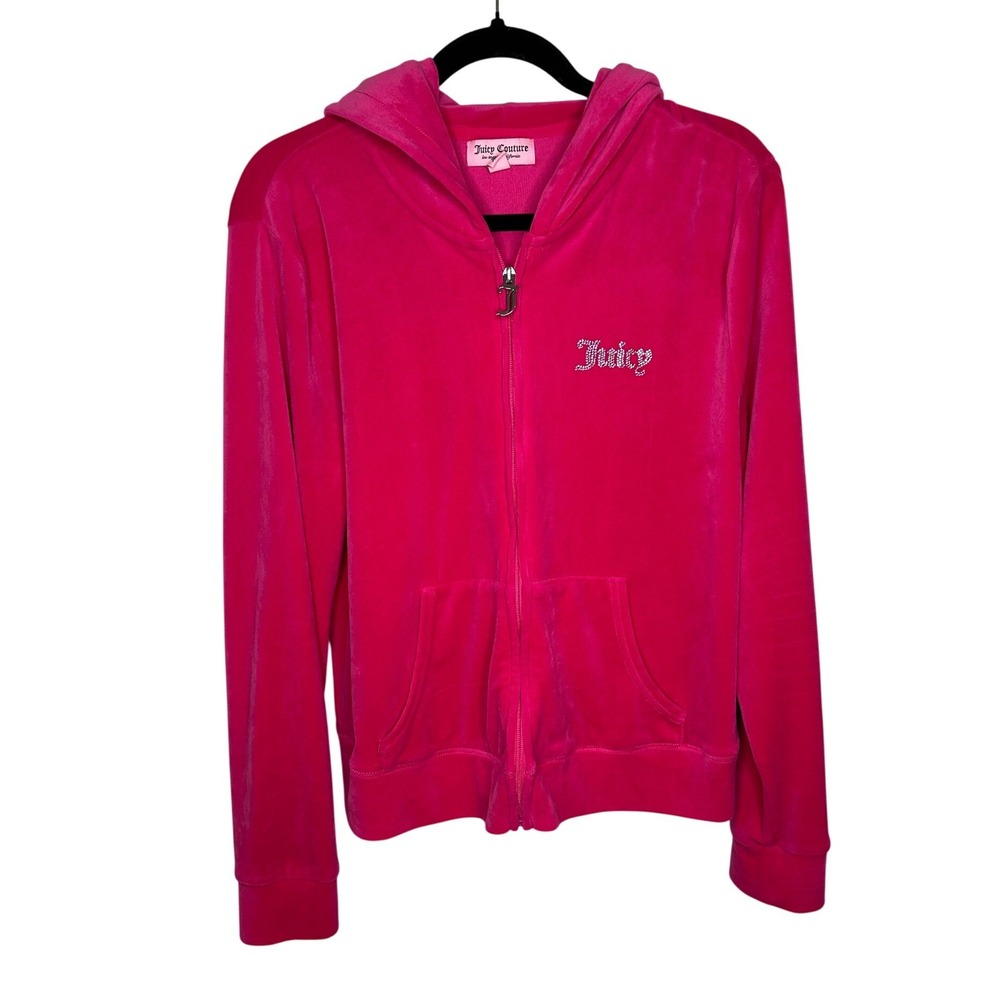 Juicy Couture Hot Pink Velour Hoodie XL Full Zip J Pull Rhinestone Logo Track